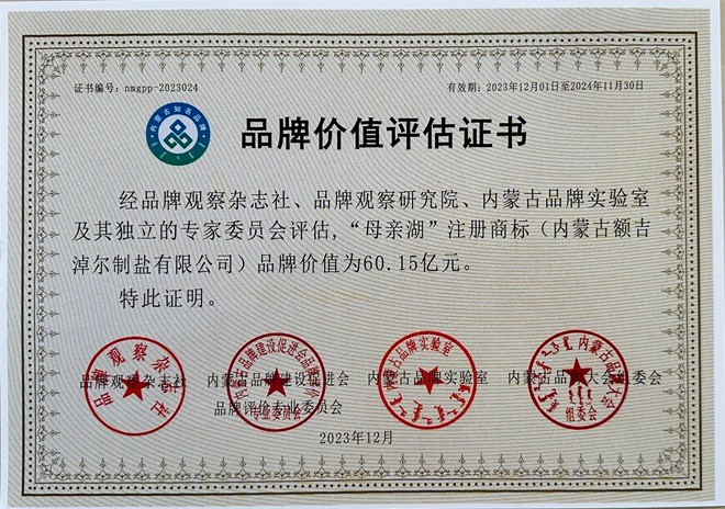 额盐公司“母亲湖”品牌估值60.15亿元  荣获“内蒙古知名（百强）品牌”并入选 “内蒙古食用盐行业标志性品牌”